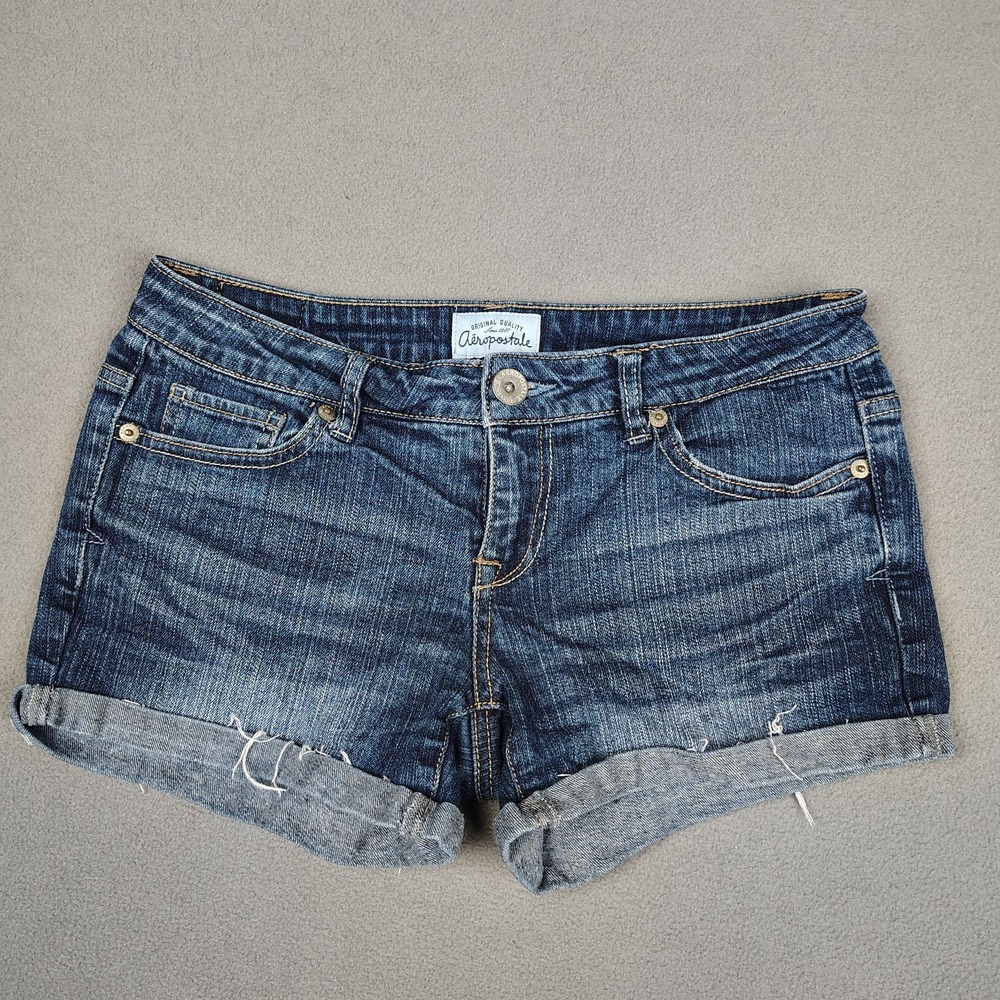 Aeropostale Denim Low Rise Mini Shorts‎ 3/4 Blue Cuffed Hem Booty Hot Pants